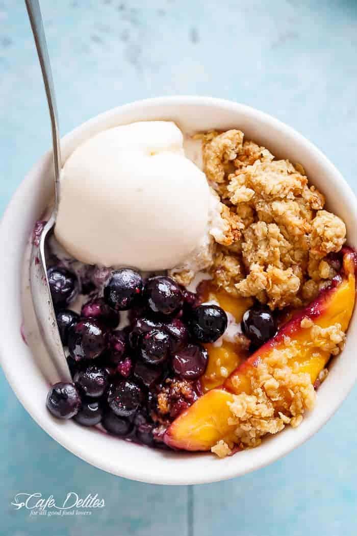 Crispy, Chewy Mango Blueberry Crumble with Less Butter